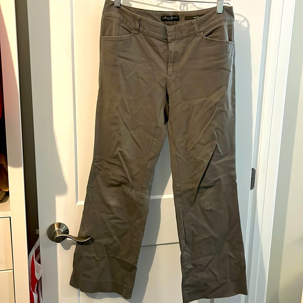 6S, Eddie Bauer, gray khaki pants.